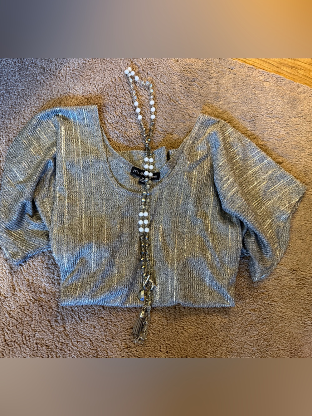 Kensie Silver Metallic Flutter Sleeve Knit Top. Necklace included!!